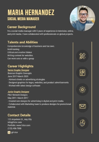 Online Social Media Manager Golden Resume Resume Template Fotor Design Maker