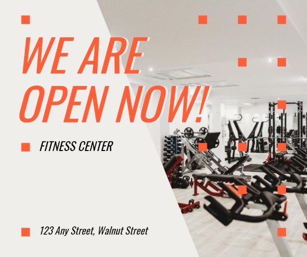 Online Orange Fitness Center Grand Opening Facebook Post Template